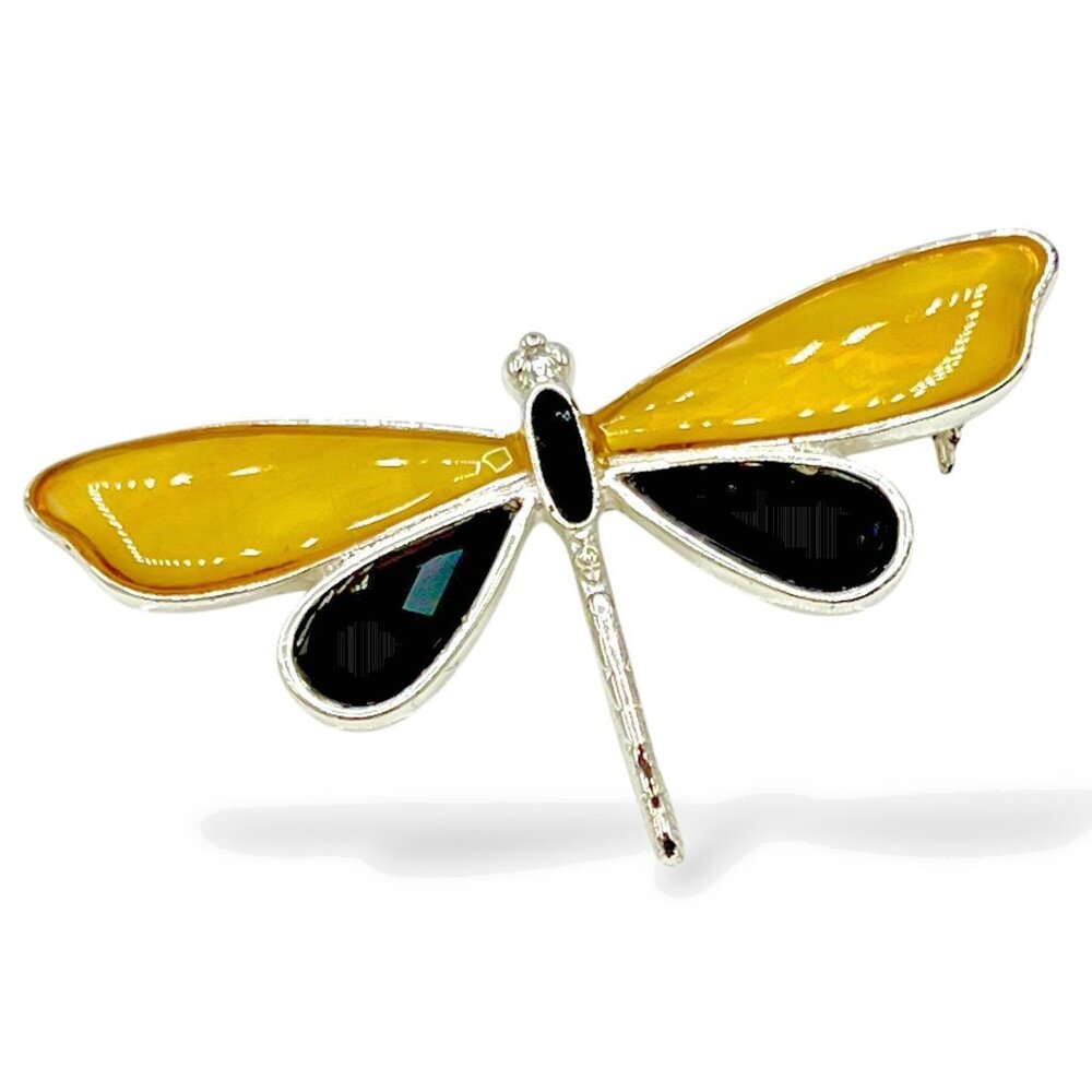 Vintage Dragonfly Brooch Pin Yellow Black Silver Costume Jewelry